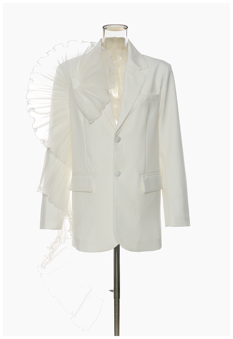 3D Ruffled Asymmetric White Mesh Coat