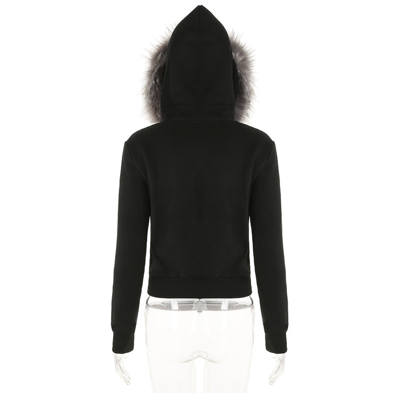 RetroRebel Furry Hooded Coat - Streetwear Slim Fit Zip-Up Sweatshirt with Double Zipper