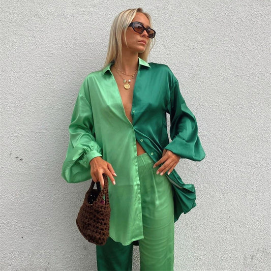 Color Block Satin Two-Piece Set