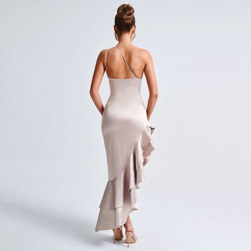 Oblique Shoulder Backless High Slit Dress
