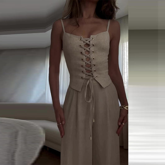Cutout Tied Top Wide Leg Pants Set