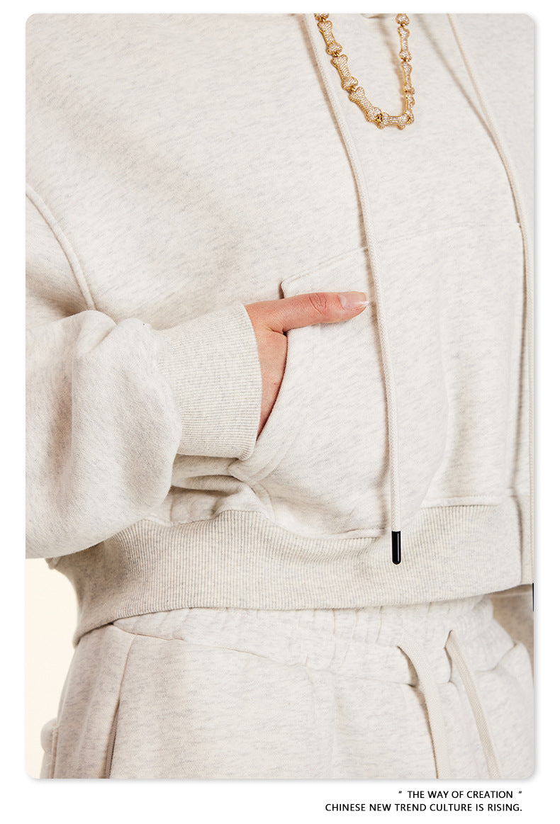 Retro Hooded Fleece-Lined Pullover Women's Sexy Short Sweatshirt