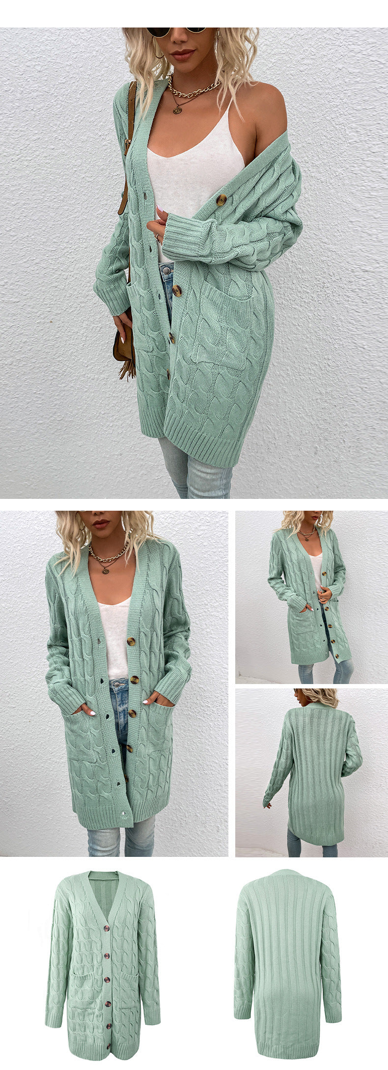 Langer Zopfmuster-Cardigan mit Knöpfen