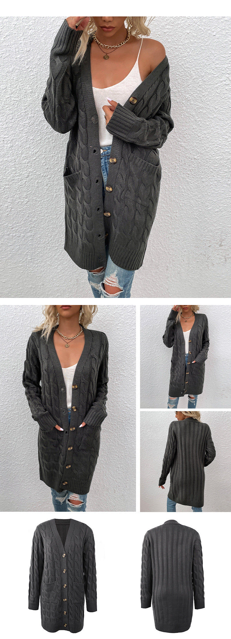 Langer Zopfmuster-Cardigan mit Knöpfen