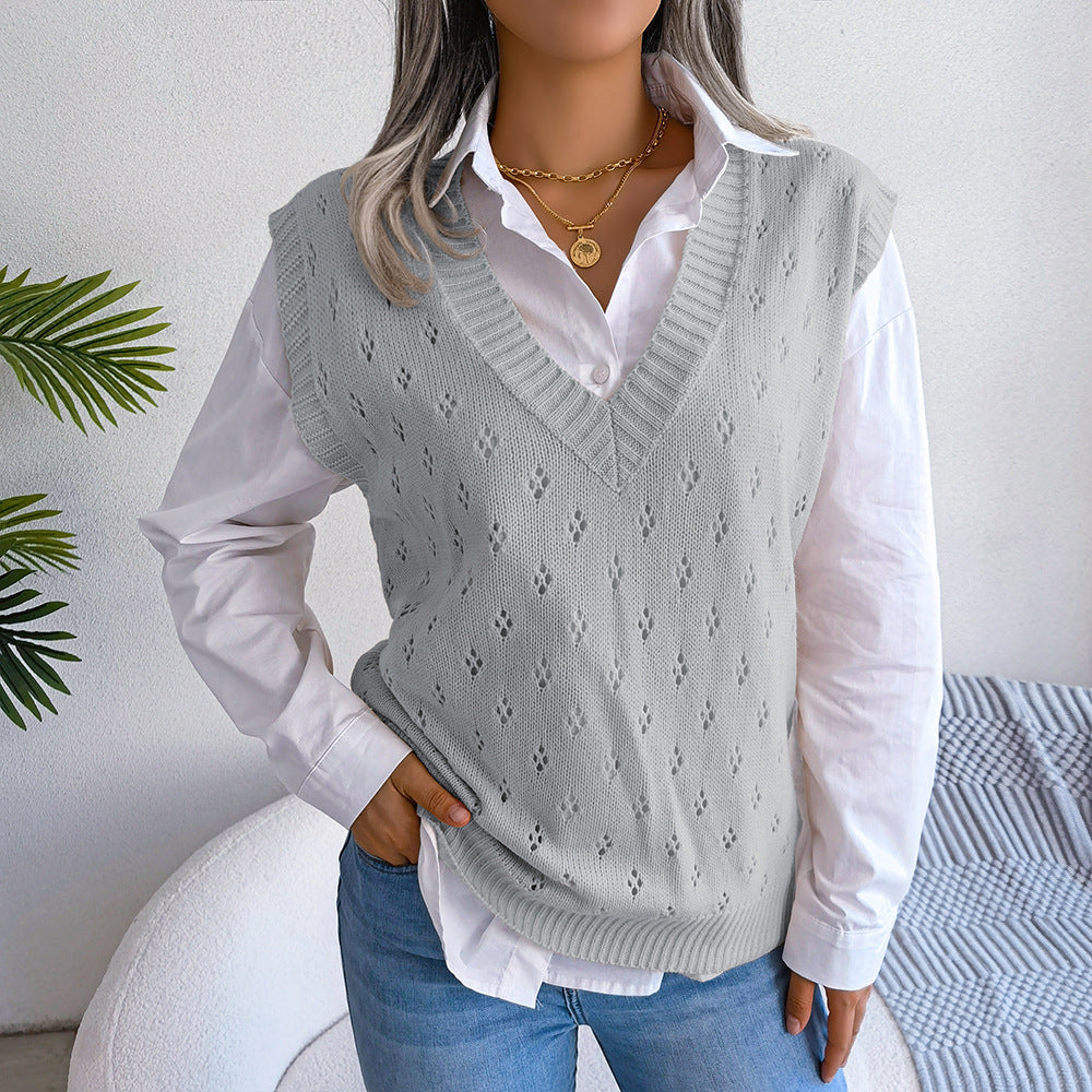 Lässiger Strickwestenpullover mit ausgehöhlten Ausschnitten und V-Ausschnitt für Damen