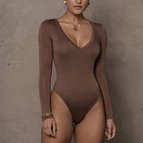 Body moulant et sexy à manches longues et col en V pour femme