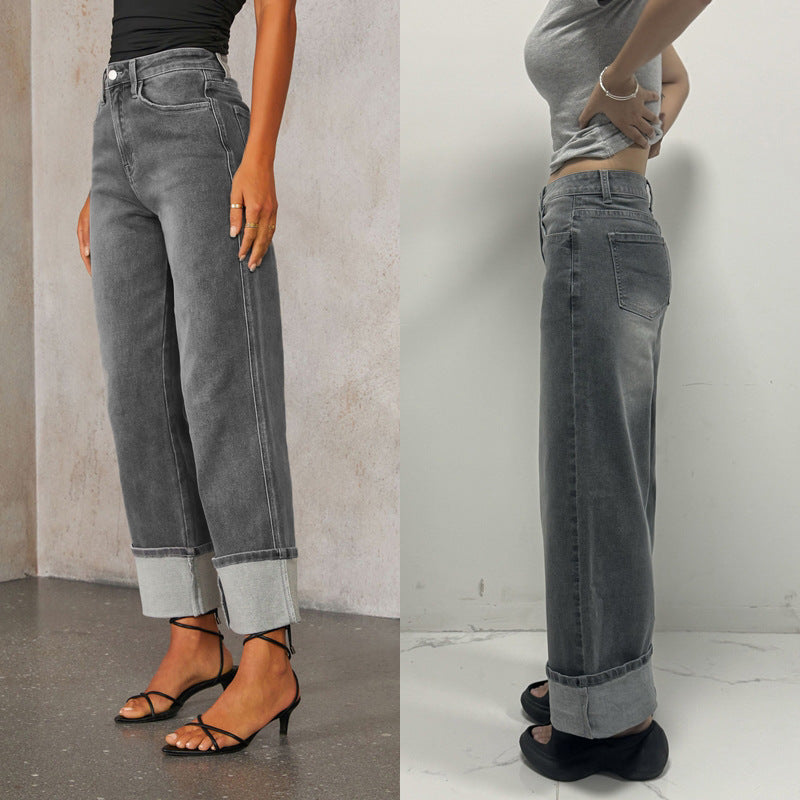 Retro High Waist Elastic Straight Jeans