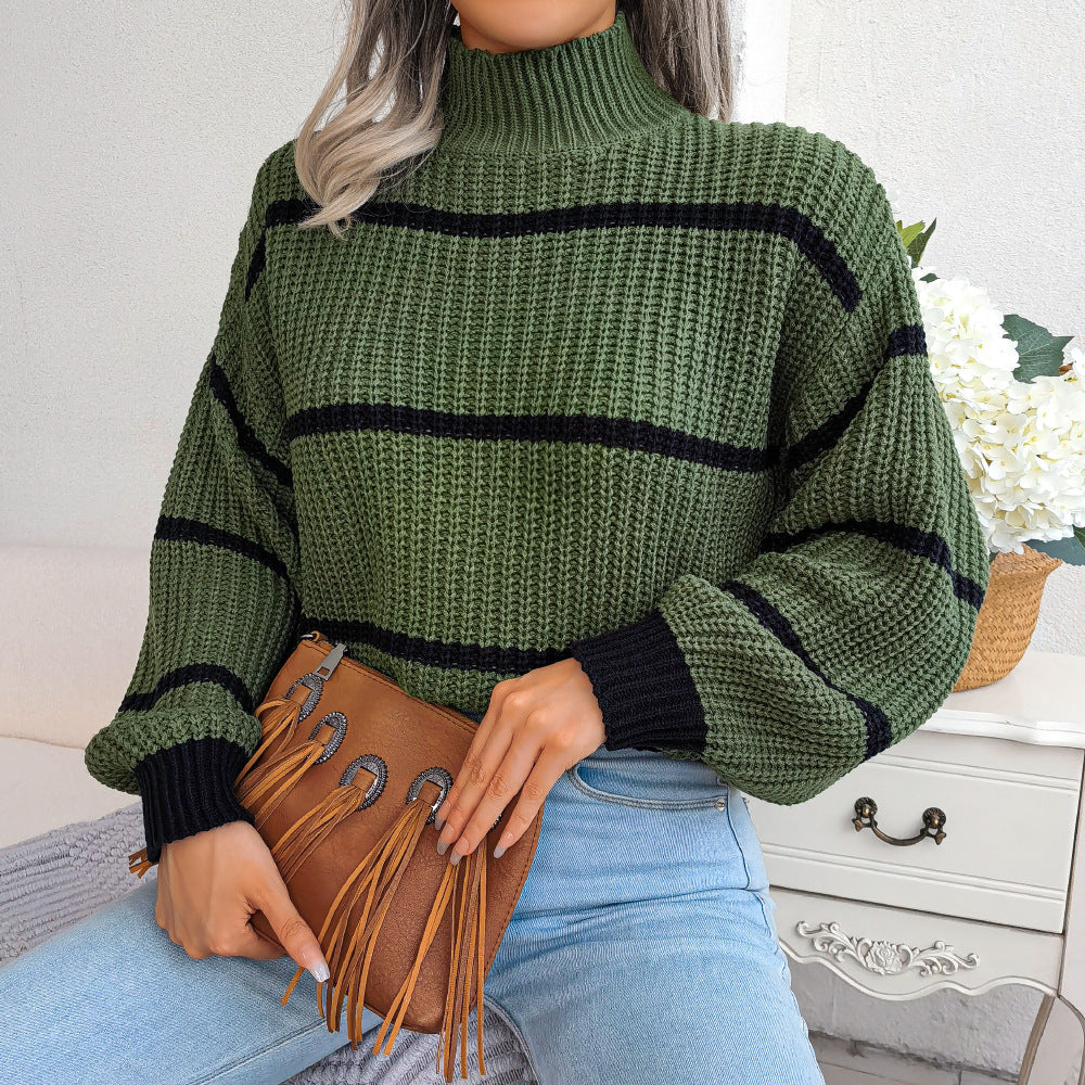 Gestreifter Rollkragen-Strickpullover mit Laternenärmeln für Damen