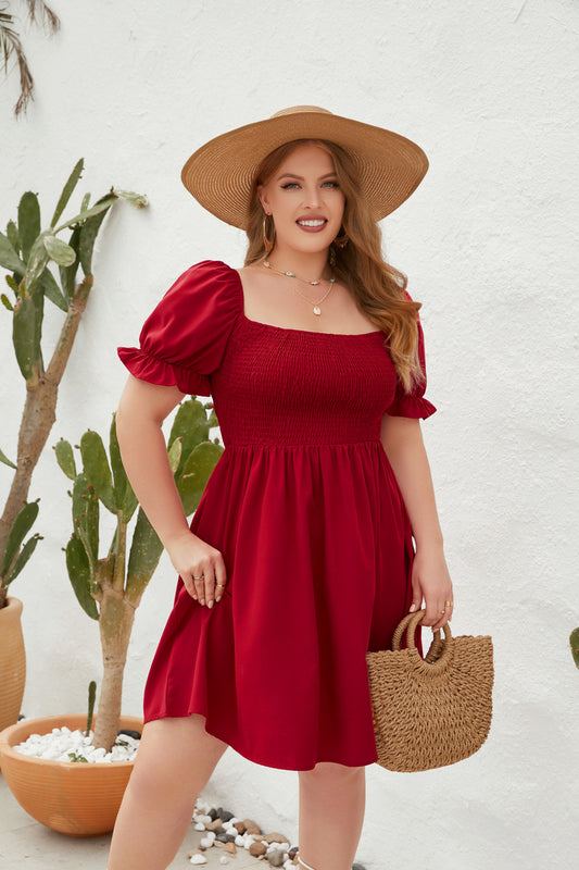 Square Collar Smocking Puff Sleeve Dress for Plus Size