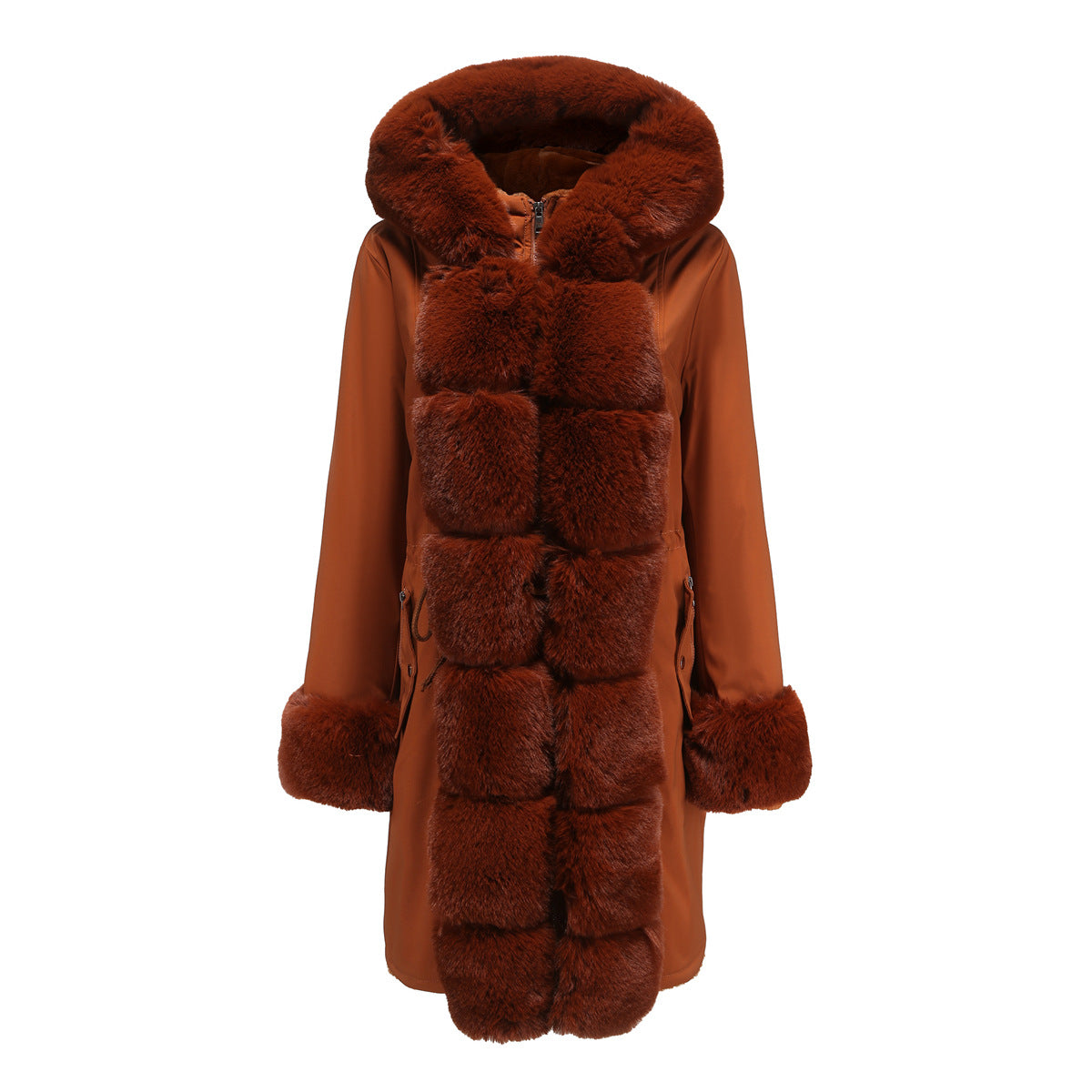 Mid-Length Padded Parka with Fur Collar