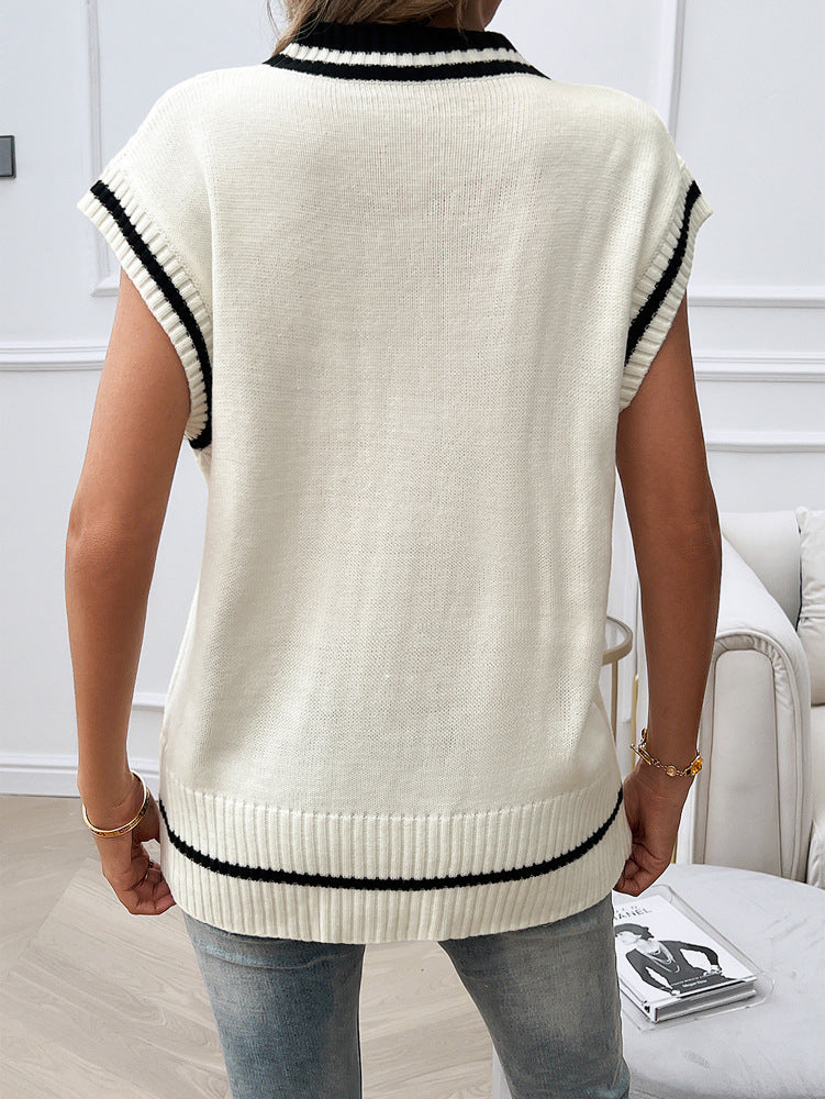 Lockerer, lässiger Weste-Pullover mit V-Ausschnitt und Kontrastfarbe für Damen