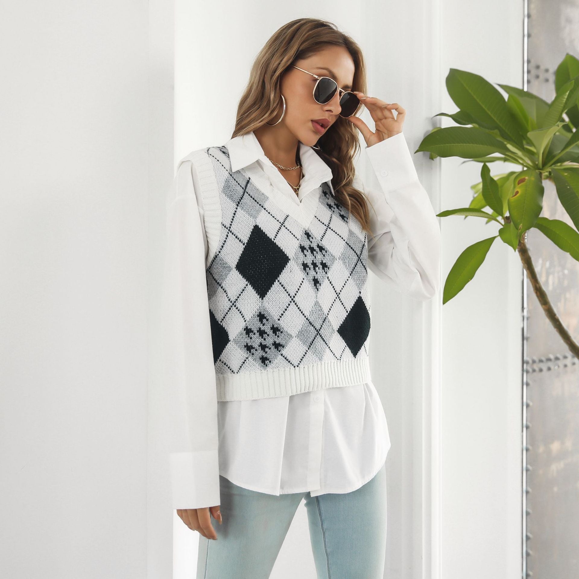 Jacquard-Westenpullover mit Hahnentrittmuster und Rautenmuster für Damen