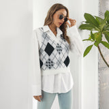 Jacquard-Westenpullover mit Hahnentrittmuster und Rautenmuster für Damen