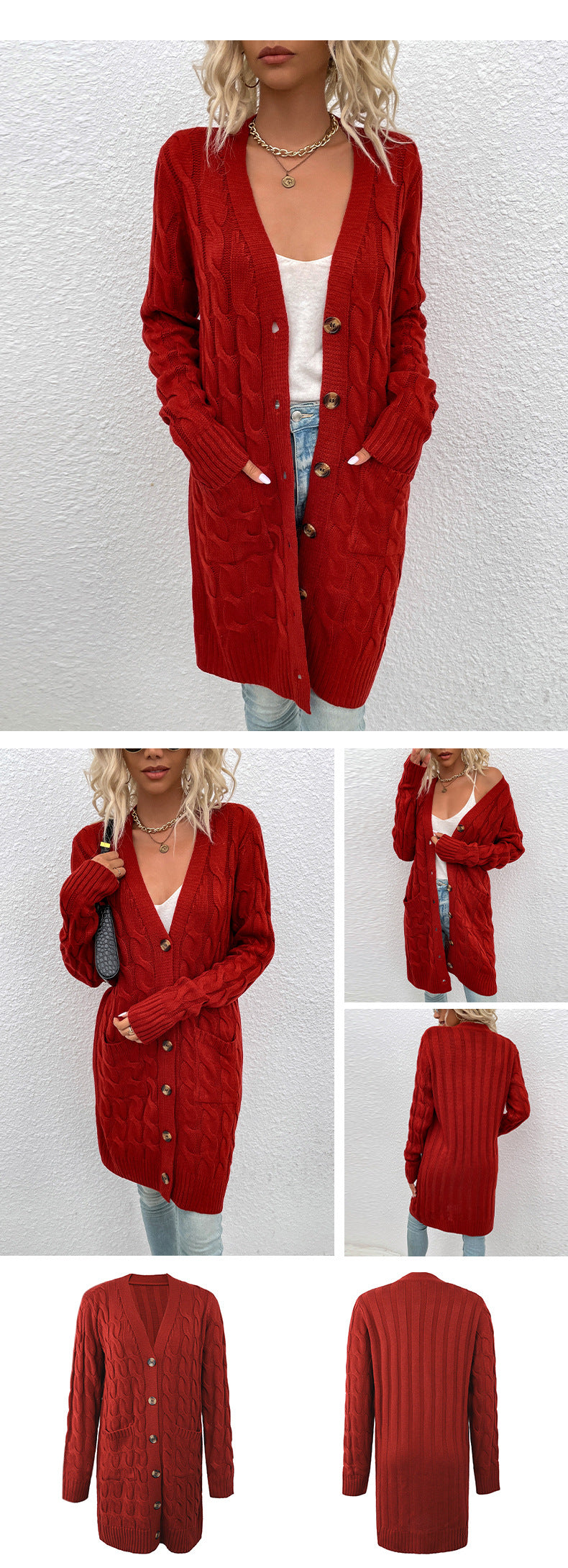 Langer Zopfmuster-Cardigan mit Knöpfen
