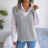 Lässiger Strickwestenpullover mit ausgehöhlten Ausschnitten und V-Ausschnitt für Damen