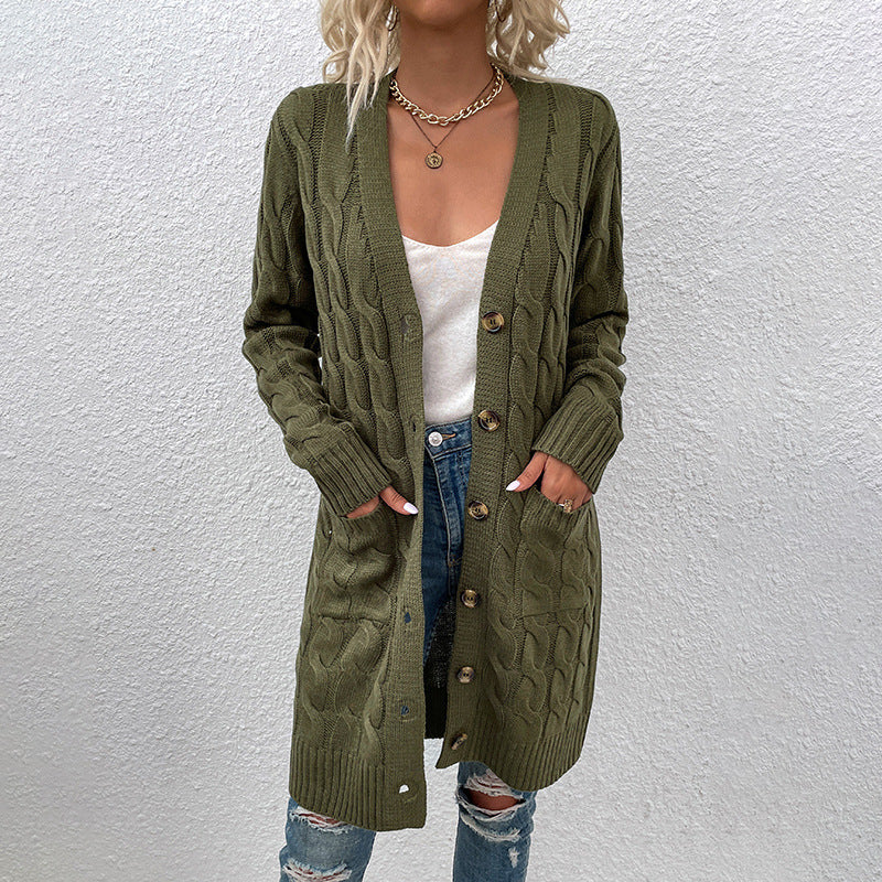 Langer Zopfmuster-Cardigan mit Knöpfen