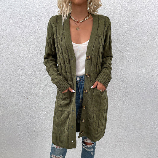 Langer Zopfmuster-Cardigan mit Knöpfen