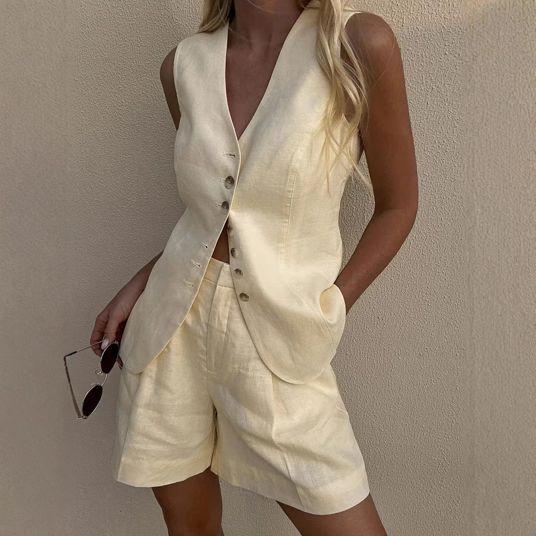 Cotton Linen Vest & Shorts Set for Women – Summer Casual Office Outfit