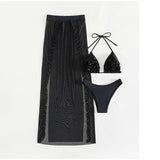 Ensemble bikini trois pièces avec robe longue en maille