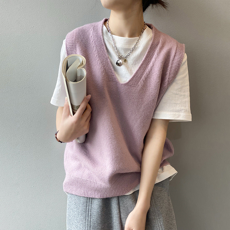 Frühlings-Preppy-V-Ausschnitt, lockere, ärmellose Strickweste für Damen