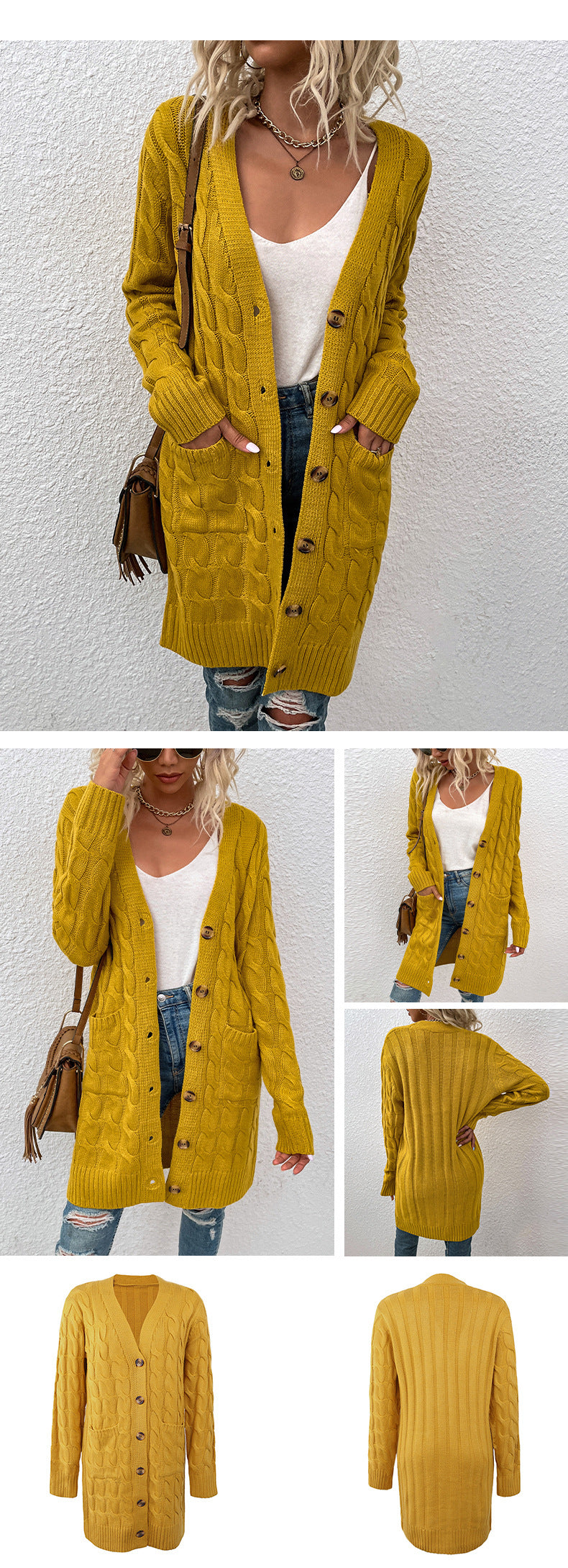 Langer Zopfmuster-Cardigan mit Knöpfen
