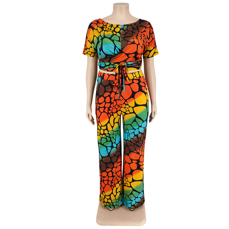 Plus Size Summer Printed Knitted Casual Lace-Up Two-Piece Set