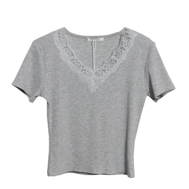 Romantic Lace V-Neck Sexy Slim Fit Short Sleeve Top