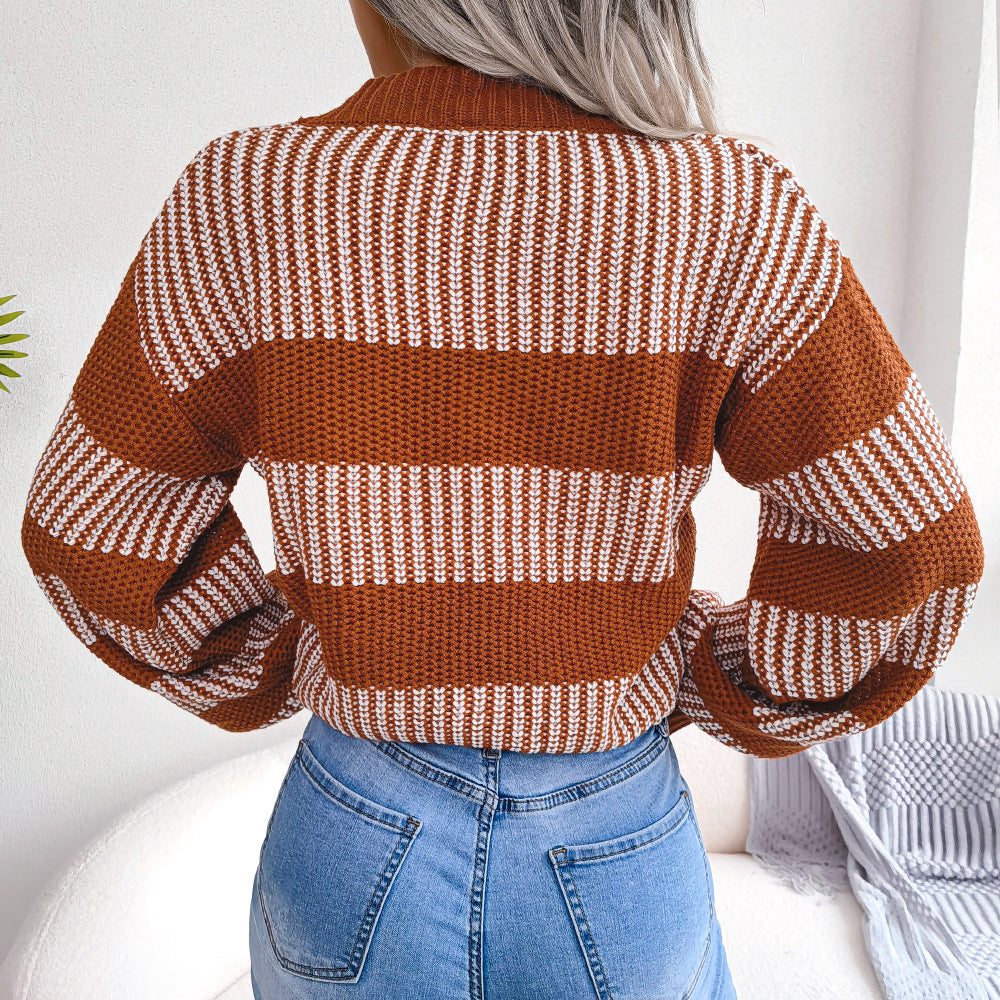 Striped Lantern Sleeve Cardigan Sweater Coat