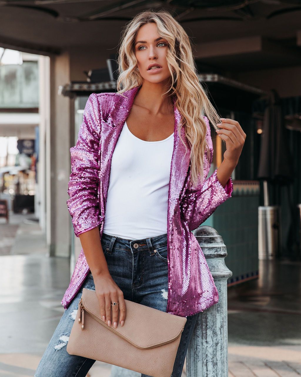 Sequin Collared Casual Loose Blazer