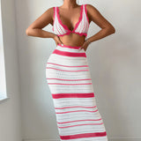 Striped Texture Vacation Beach Bikini Skirt Set