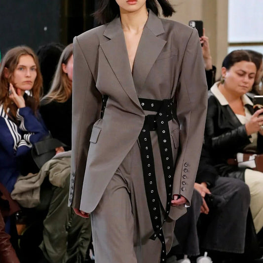 Double Belt Asymmetric Long Blazer Top