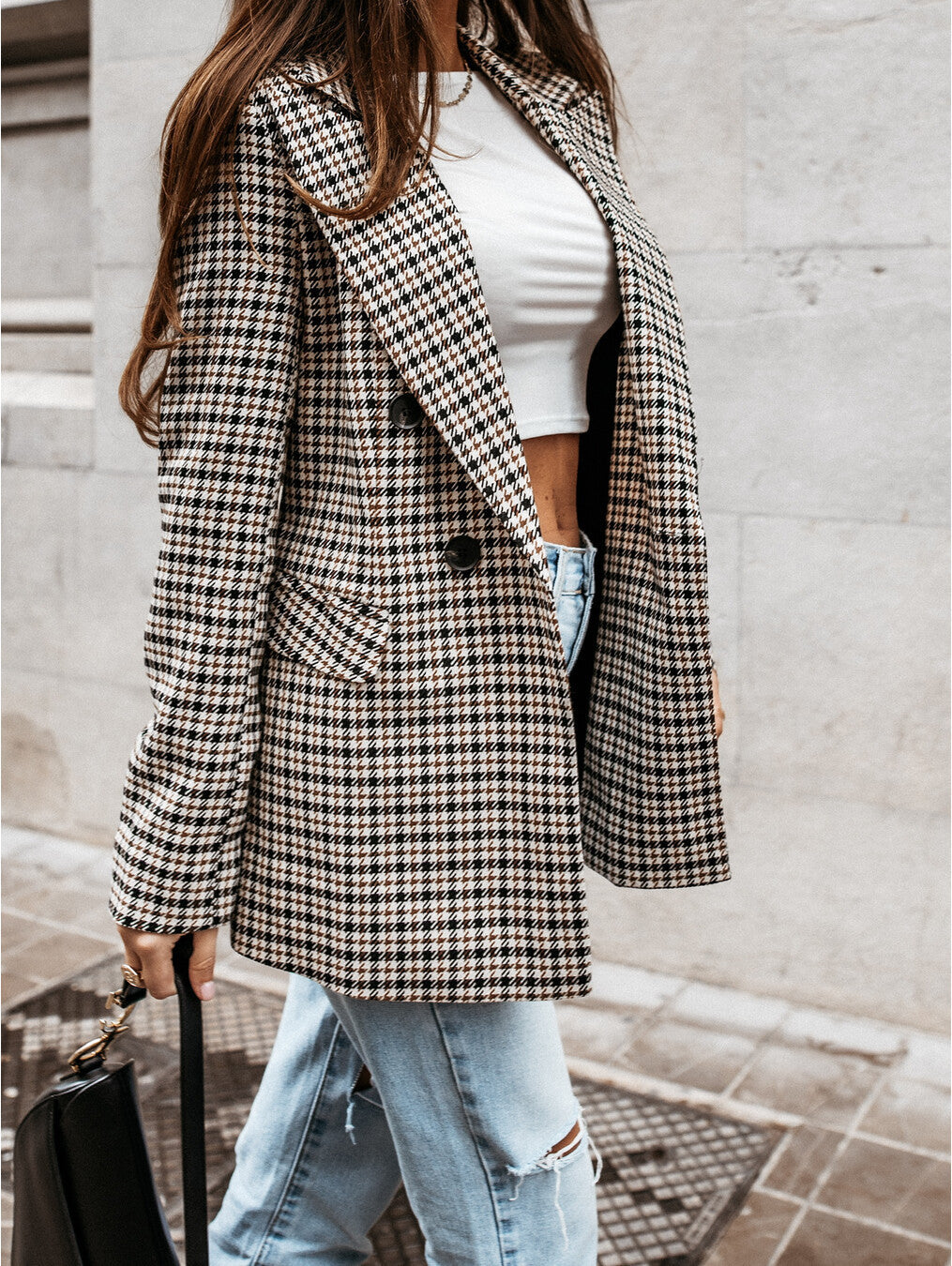Plaid Double Breasted Slim Fit Blazer