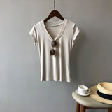 Solid Color U-Neck Slimming Stretch T-Shirt for Women