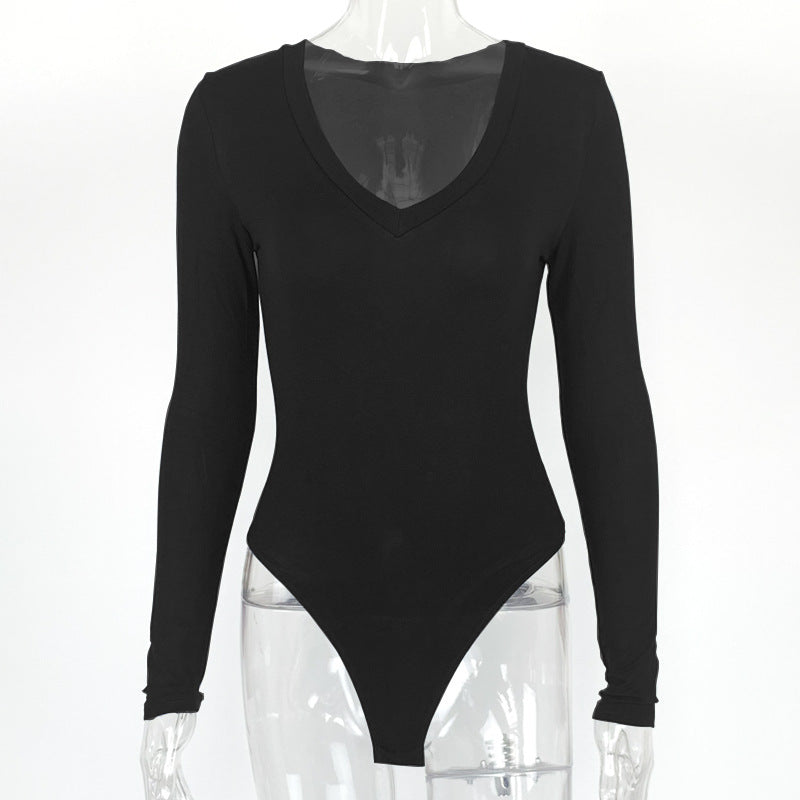 Body moulant et sexy à manches longues et col en V pour femme