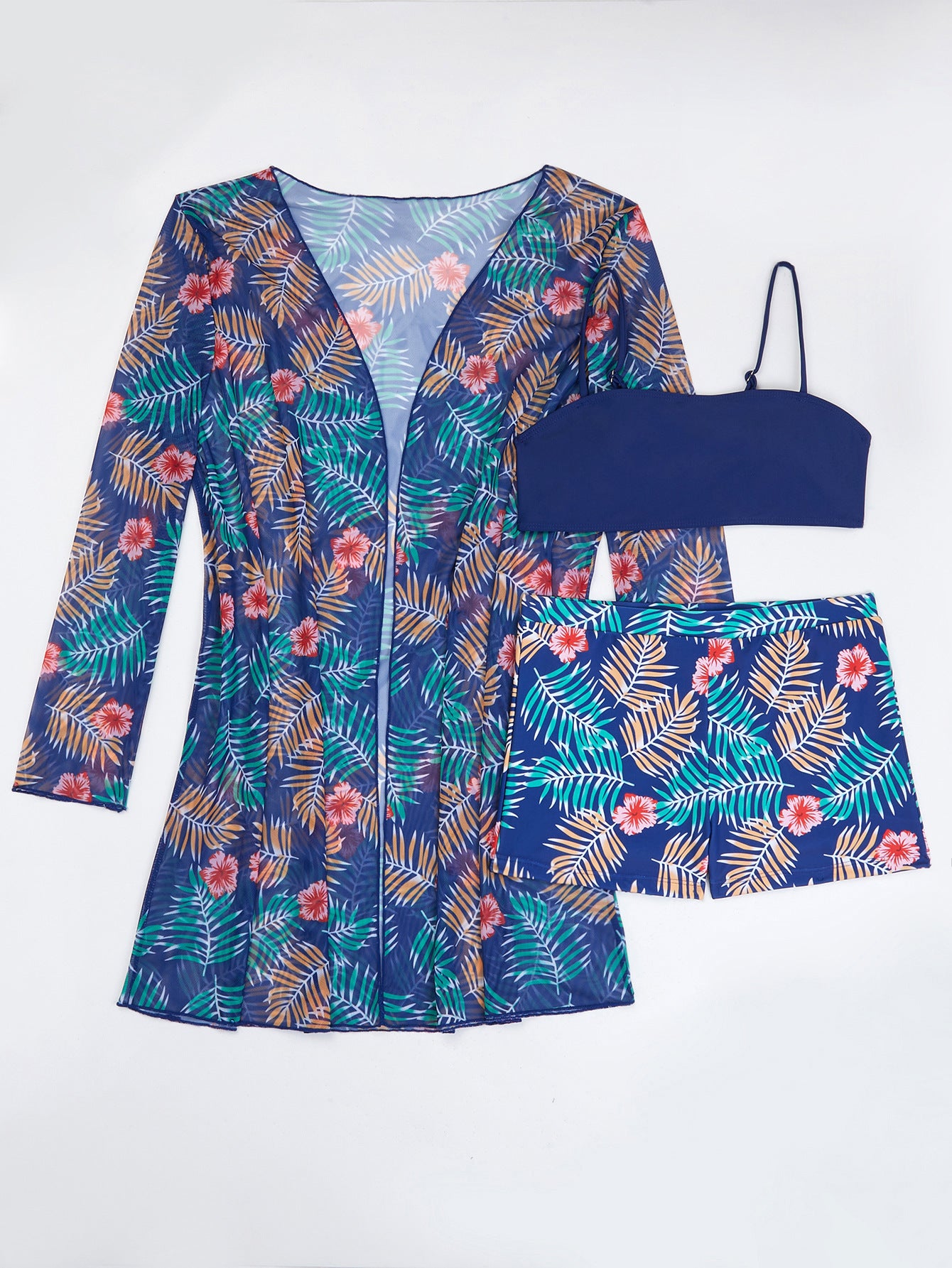 Printed Long Sleeve Three-Piece Bikini Swimsuit