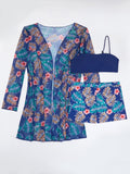Printed Long Sleeve Three-Piece Bikini Swimsuit