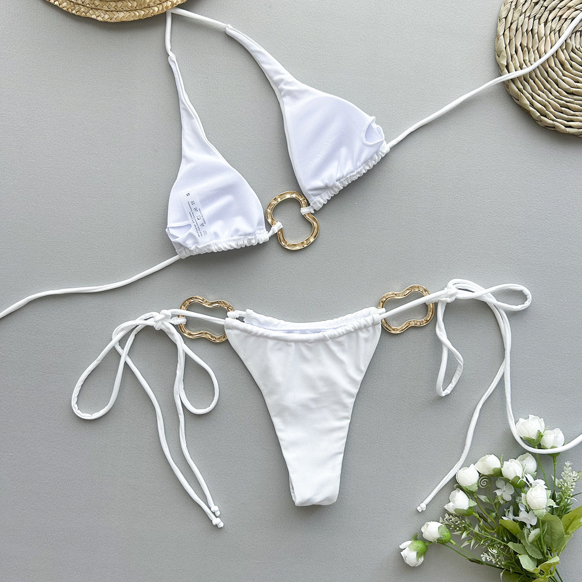 Maillot de bain bikini sexy à nouer et dos nu de couleur unie