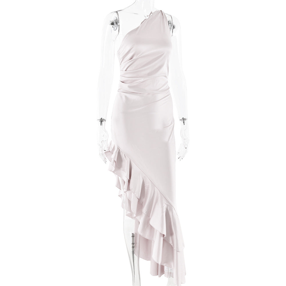 Oblique Shoulder Backless High Slit Dress