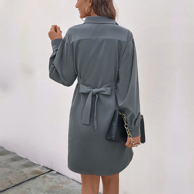 Dark Grey Long Sleeve Solid Color Shirt Dress