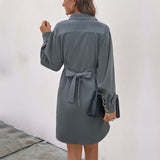 Dark Grey Long Sleeve Solid Color Shirt Dress