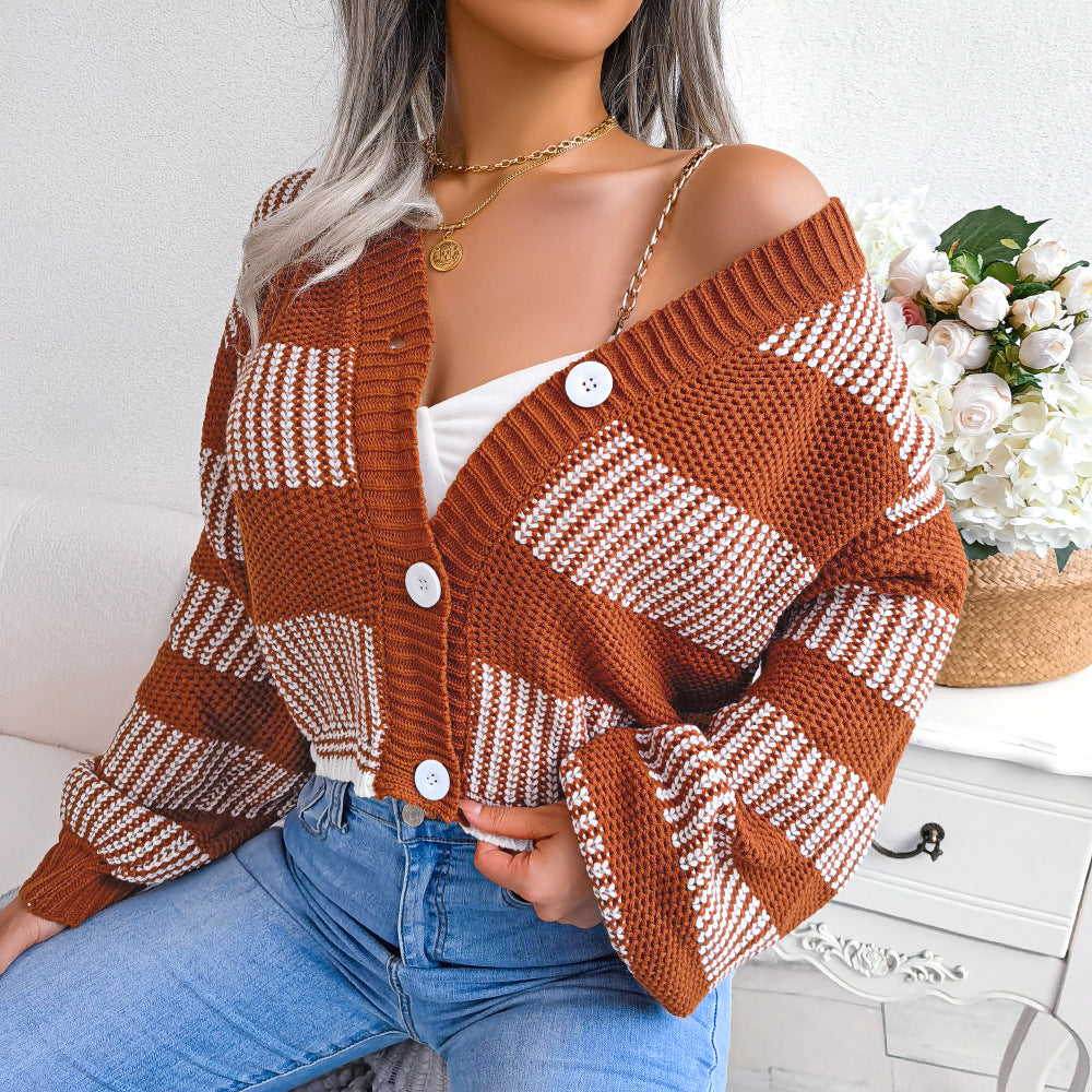 Striped Lantern Sleeve Cardigan Sweater Coat