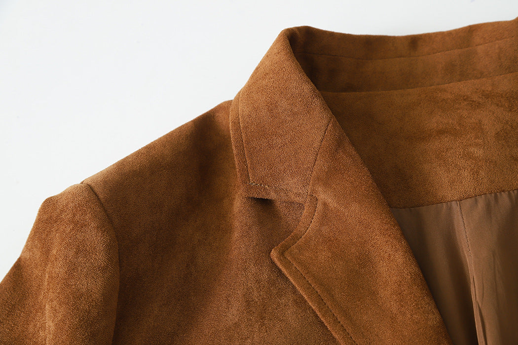 Mid-Length Suede Loose Blazer in Brown