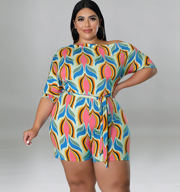 Plus Size Summer Cross Shoulder Printed Romper with Belt