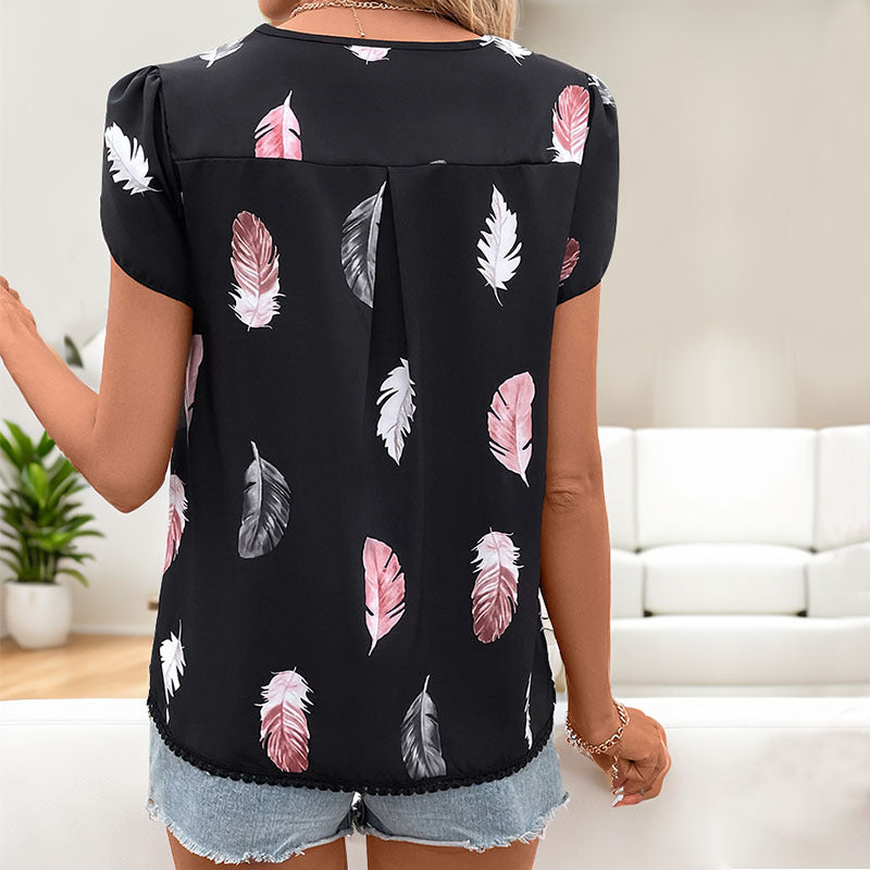 V-neck Puff Sleeve Feather Printed Shirt for Women