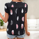 V-neck Puff Sleeve Feather Printed Shirt for Women