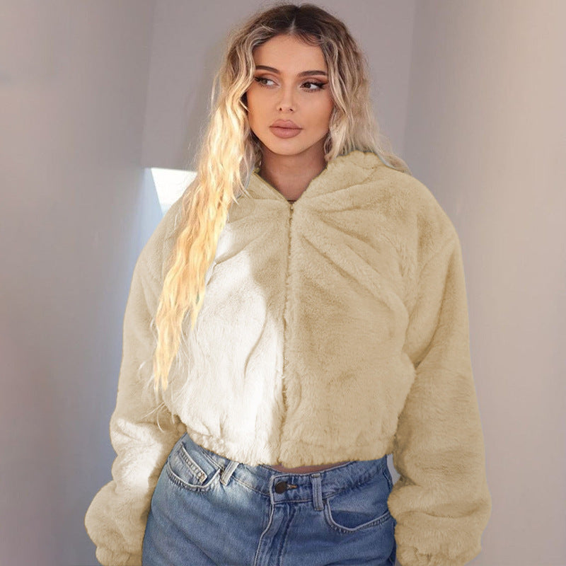 Plüsch-Strickjacke mit Kapuze und Reißverschluss für Damen