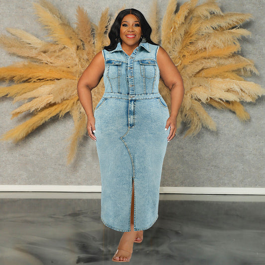 Denim Split Collared Sleeveless Maxi Dress