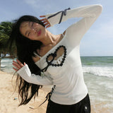 Off Shoulder Heart Lace Ribbon Slim Fit Long Sleeve Top for Women