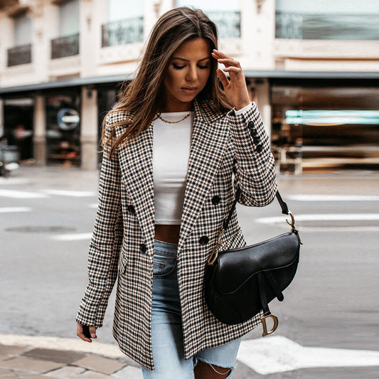 Plaid Double Breasted Slim Fit Blazer