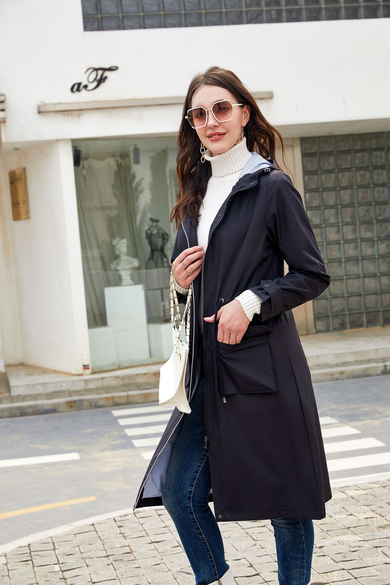 Trench-coat long à capuche imperméable